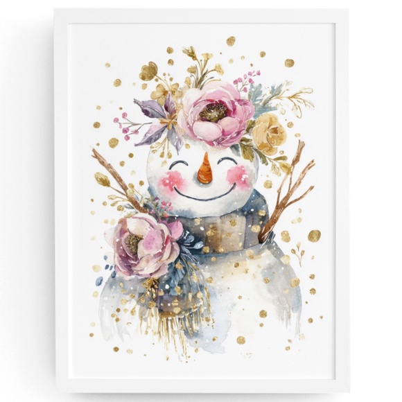 Watercolor Snowman Adorned with Flowers Portrait Wall Art Print Poster, Unframed - Picture 1 of 6